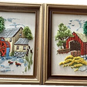 Source Unknown Embroidered Countryside Art Set with Gold Frames